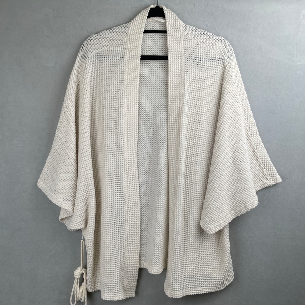 Cream Waffle Knit Kimono Cardigan Oversized Open Front Tassel Tie Resort Boho OS